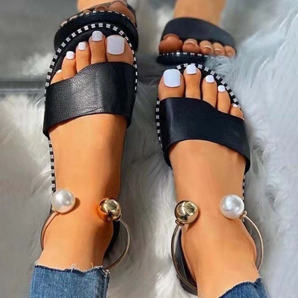 Fashion Casual Open Toe Pearl Decor Flat Sandals