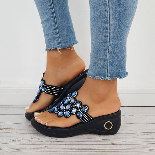 Rhinestone Platform Wedge Thong Sandals Flip Flop Slippers