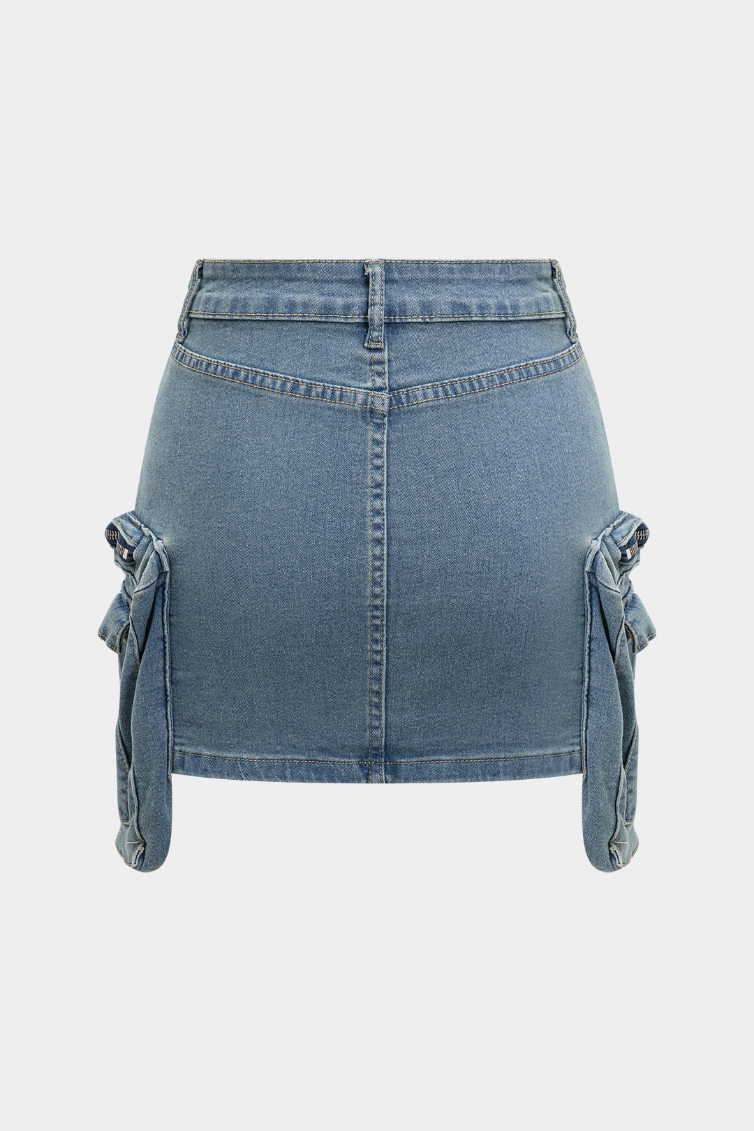 Washed Denim Zipper Tube Top And Pocket Skirt Set