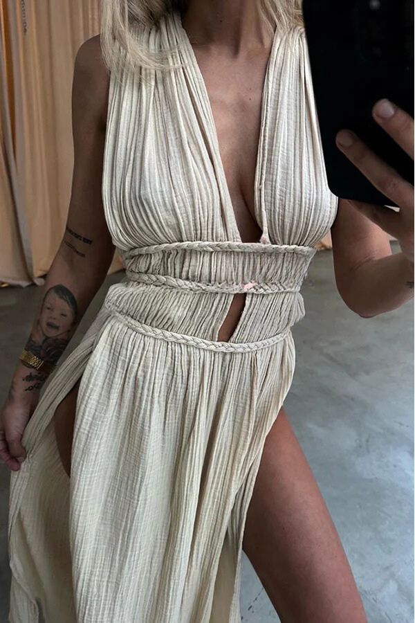 Boho with Elegance Linen Blend Braids Belt Cutout Slit Kaftan Maxi Dress