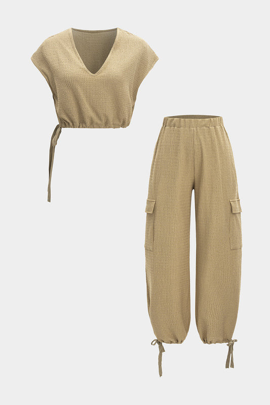 V-Neck Drawstring Tank Top And Pocket Trousers Set