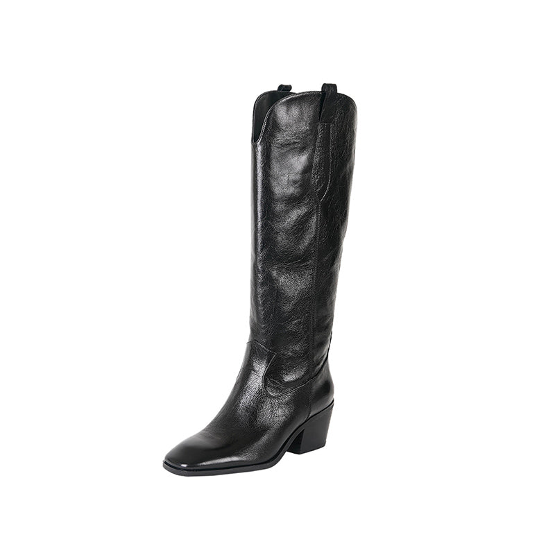 Cowboy Boots Women Handmade Genuine Leather in Black/Beige - HIGH WESTERN BOOTS Side Zipper