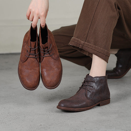 Oxfords For Women Lace Up Flat Sole Ankle Boots Handmade Matte Leather Boots Coffee/Brown