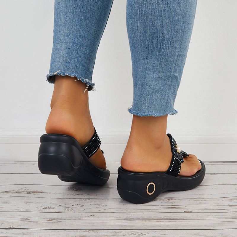Rhinestone Flip Flop Platform Wedge Slippers Slide Sandals