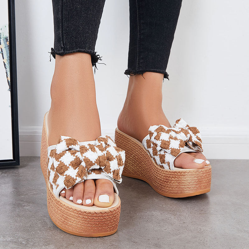 Bowknot Platform Wedge Slide Sandals Plaid Open Toe Slippers