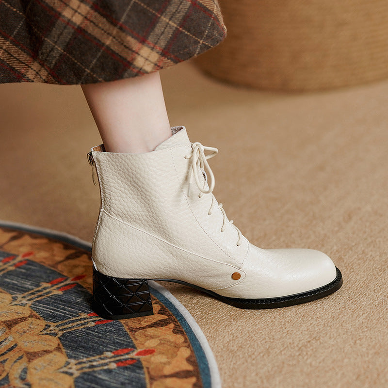 Block Heel Boots Back Zip Cowhide Leather Ankle Boots Soft Walking Short Boots White/Black