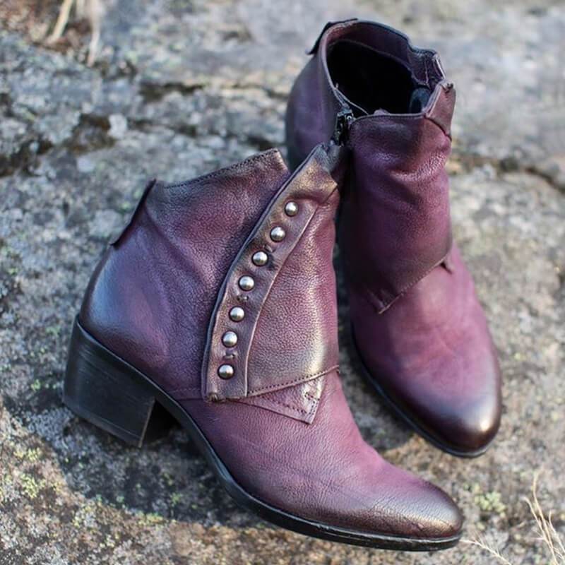 Women's Trendy Vintage Side Zipper Leather Booties Ankle Boots With Rivet