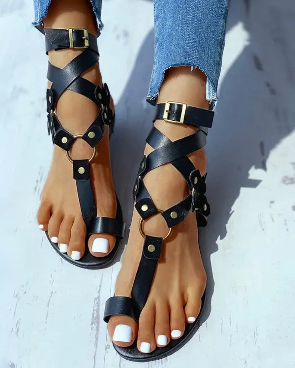 Toe Ring Buckled O-ring Design Flat Sandals