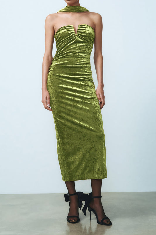 Velvet Ruched Halter Neck Backless Sleeveless Midi Dress