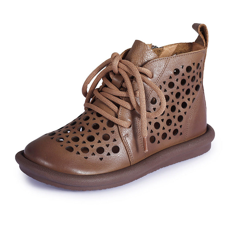 Womens Handmade Cut Out Leather Ankle Boots For Summer Lace Up in Coffee/Golden