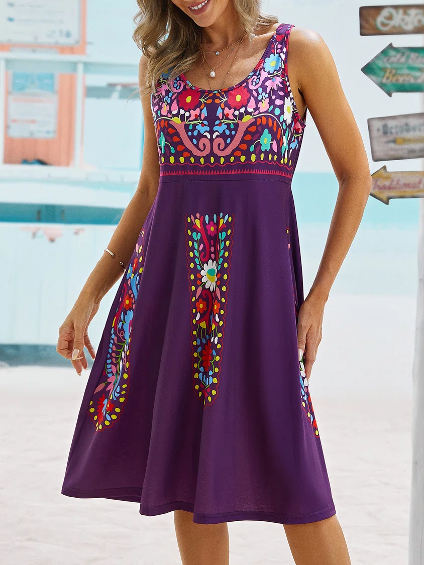 Crew Neck Tribal Sleeveless Knitting Dresses