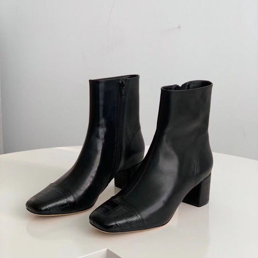 Classic Elegant Ankle Boots Mid Heel Sheepskin Elastic Boots Black