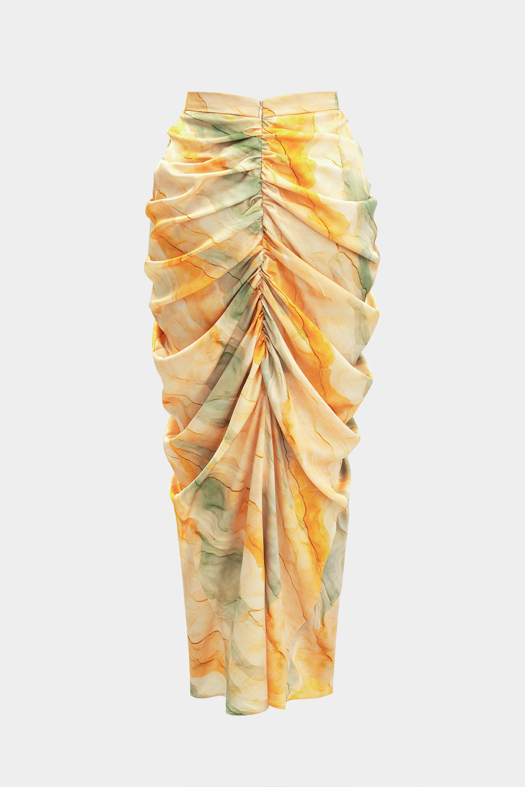 Tie Dye Print Satin High Slit Ruched Skirt