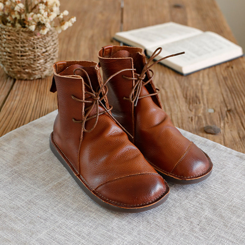 Handmade Women Calf Leather Booties Round Toe Lace-Up Flat Shoes Ankle Boots Brown/Coffee