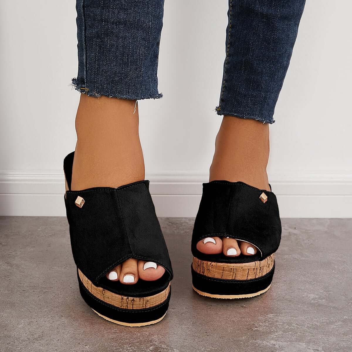 Comfortable Cork Footbed Slip-on Sandals Platform Wedge Slippers