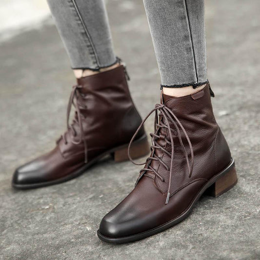 Handmade Fashion Boots Women Genuine Leather Lace-Up Oxfords Round Toe Chunky Ankle Booties Back Zipper Black/Brown