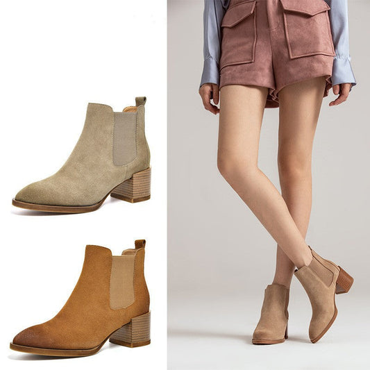 Western Boots for Women Handmade Suede Leather Boots Block Ankle Boots  Brown/Apricot/Black/Brown Plush/Apricot Plush/Black Plush