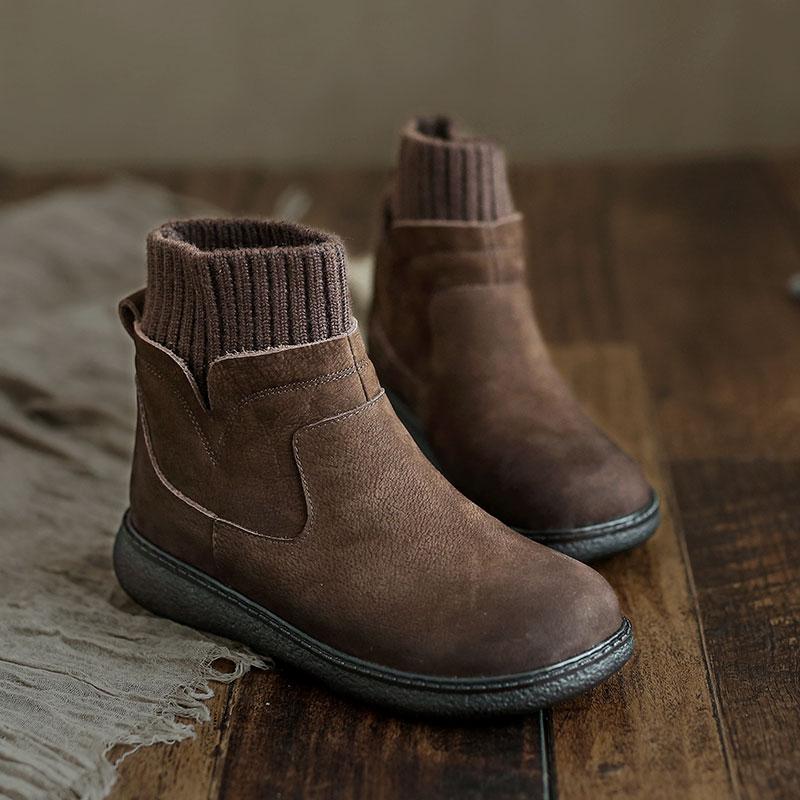 Handmade Brush-Off Leather Woven Top Line Platform Suede Ankle Boots Coffee/Grey