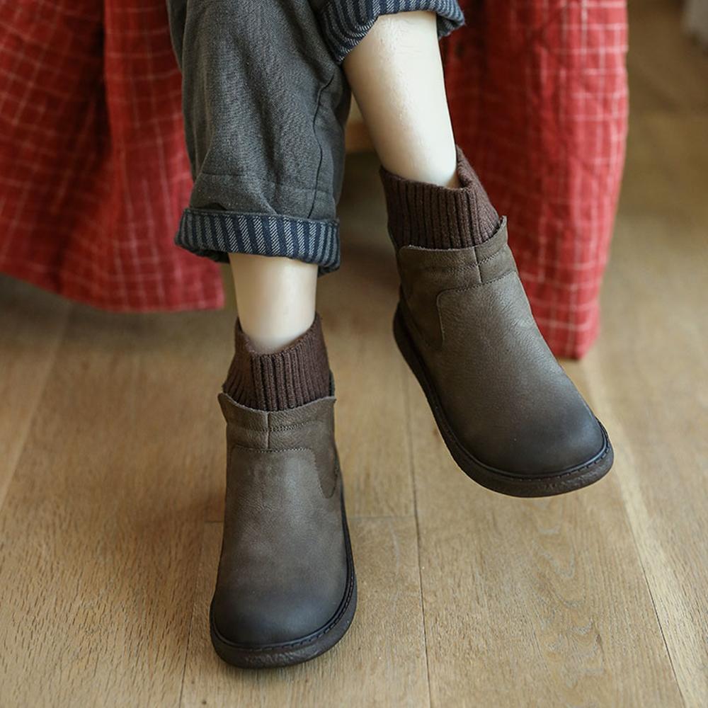Handmade Brush-Off Leather Woven Top Line Platform Suede Ankle Boots Coffee/Grey