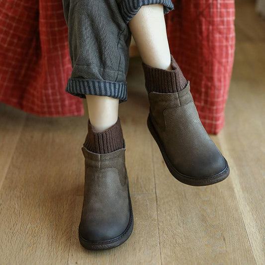 Handmade Brush-Off Leather Woven Top Line Platform Suede Ankle Boots Coffee/Grey