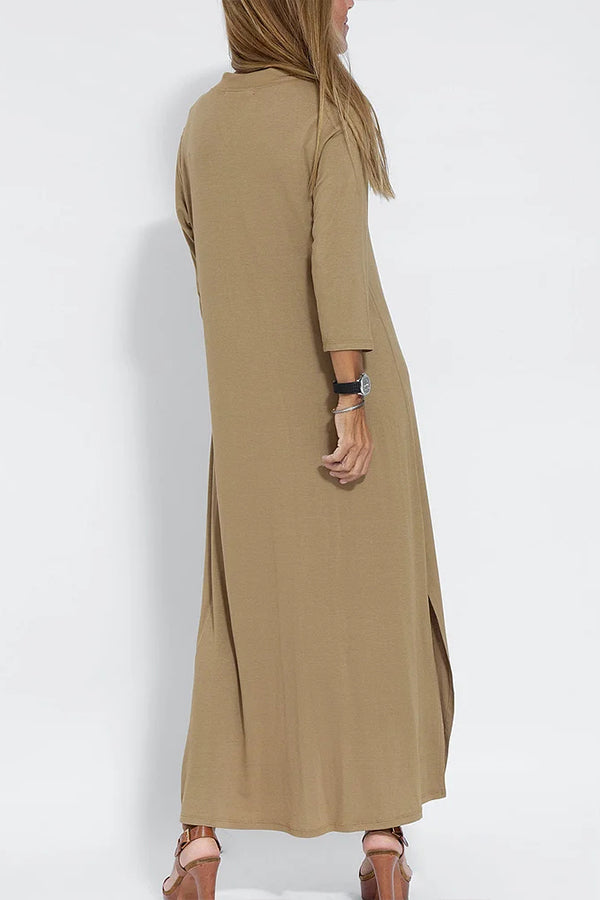 Women Casual V Neck Solid Color Maxi Dress