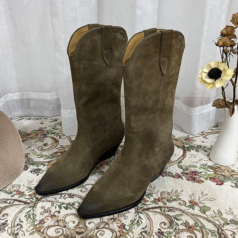 Womens Western Suede Mid Calf Boots Block Heel - Khaki/Black/Grey/Brown Cowgirl Boots All Genuine Leather