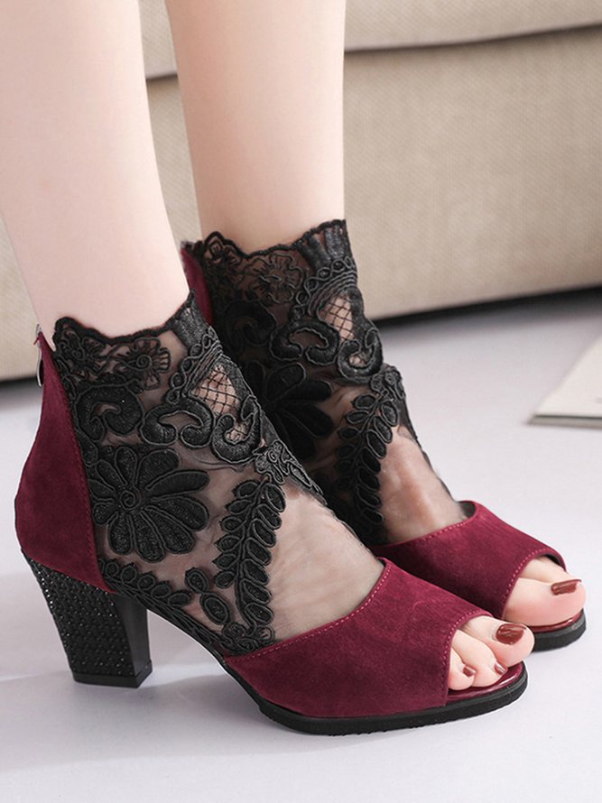 Black Floral Lace Mesh Block Heel Sandals Boots