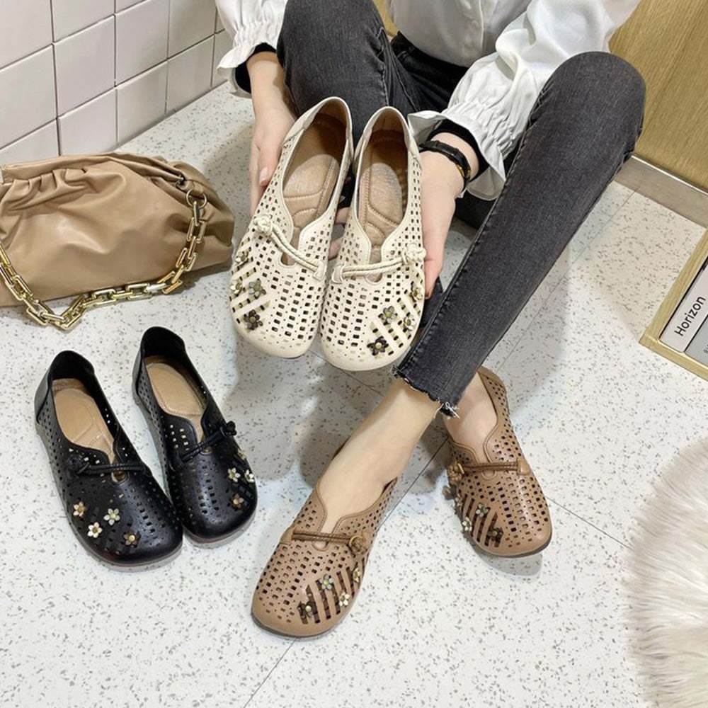 Vintage Flower Hollow Out Round Toe Flats