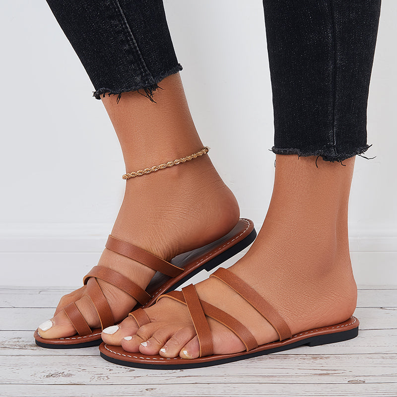 Brown Toe Ring Wide Slide Sandals Flat Beach Slippers