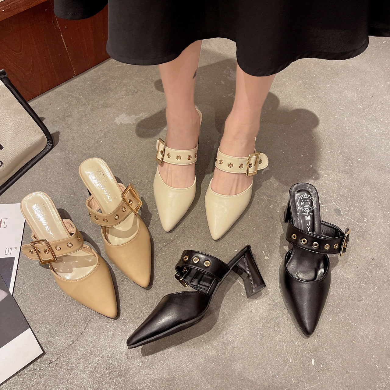 Women's Cap Semi High Chunky Pointed Belt Sandals