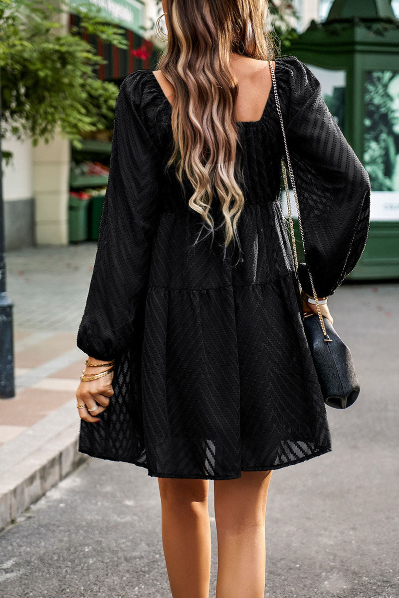 Square Neck Chiffon Jacquard  Long Sleeve Mini dress