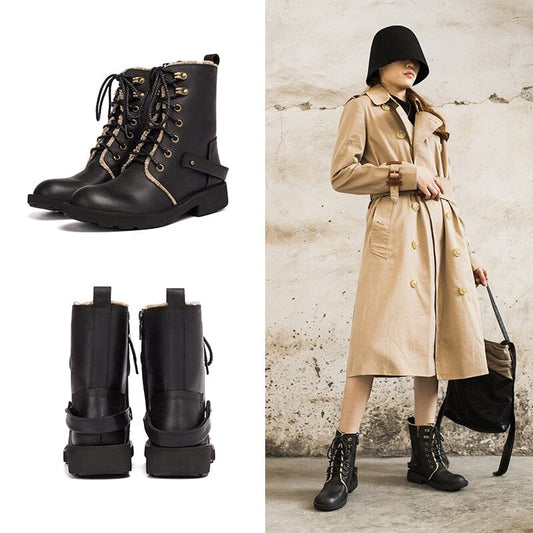 Crazy Horse Leather Combat Boots Designer Retro Chunky Riding Boots Dark Coffee/Black