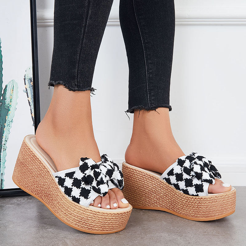 Bowknot Platform Wedge Slide Sandals Plaid Open Toe Slippers