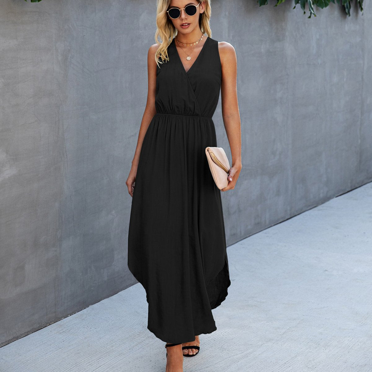 Solid Color V Neck Sleeveless Dress