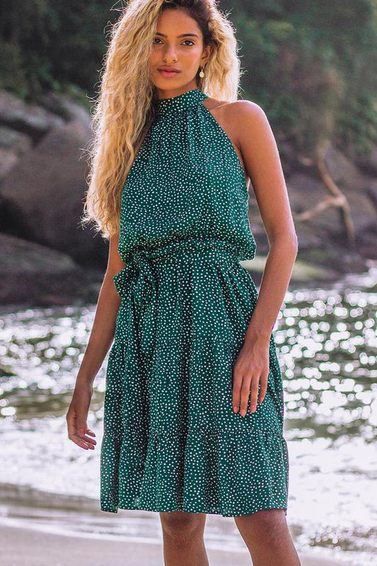 Dots Print Halter Neck Tie Waist Sleeveless Dress
