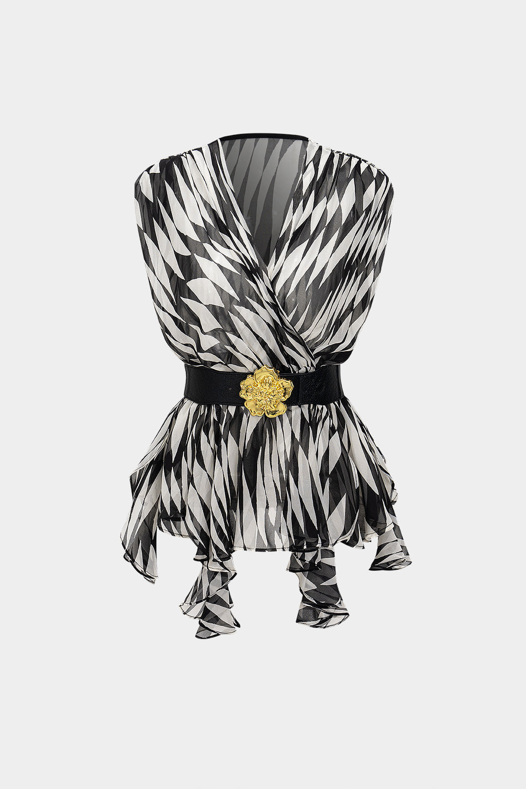 Zebra Stripe Print V-Neck Belted Short-Sleeve Shirt