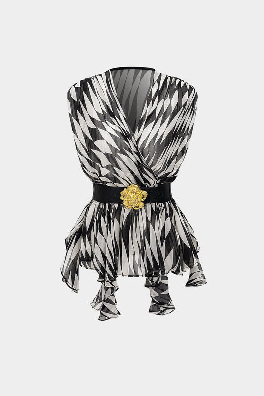 Zebra Stripe Print V-Neck Belted Short-Sleeve Shirt