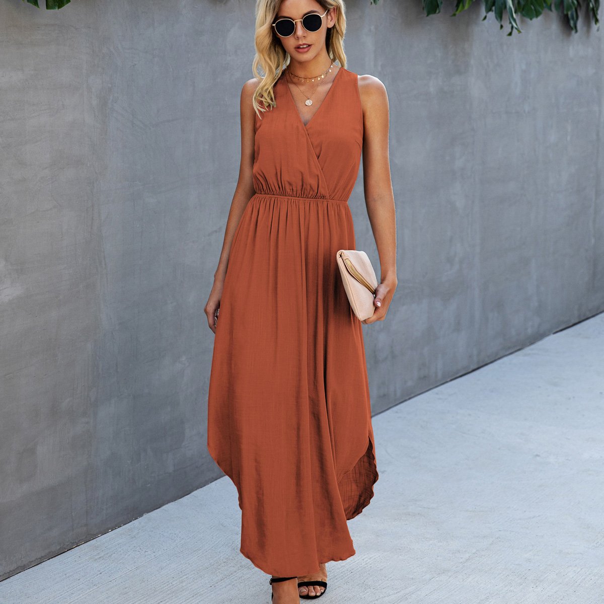 V Neck High Waist Sleeveless Maxi Dress