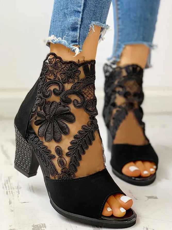 Black Floral Lace Mesh Block Heel Sandals Boots