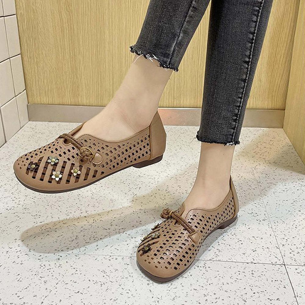 Vintage Flower Hollow Out Round Toe Flats