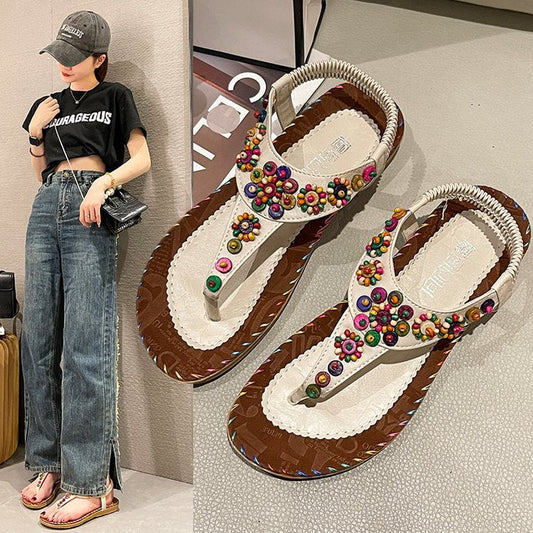 Women's Bohemian Flat Flip-flops Beaded Beach Korean Sandals