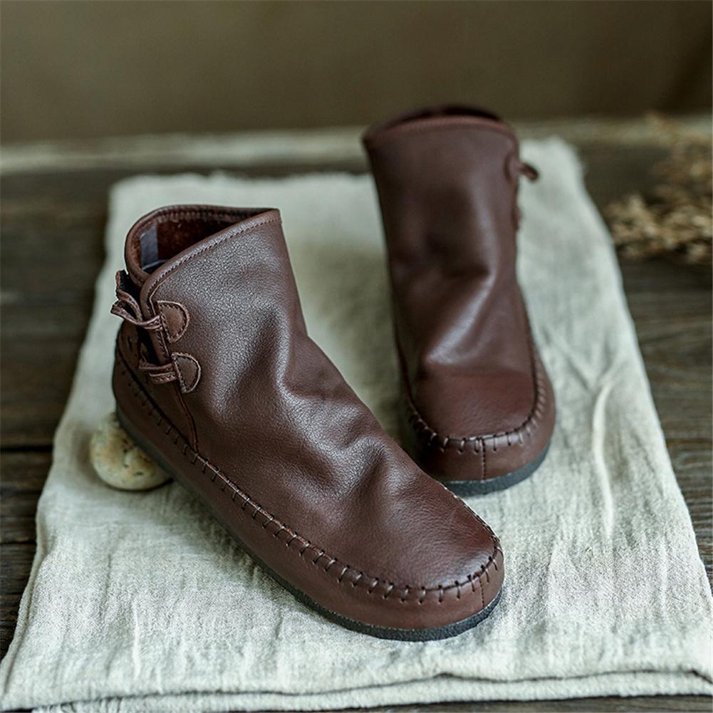 Retro Handmade Leather Ankle Booties For Women Low Heel Winter Casual Boots Yellow/Brown/Coffee