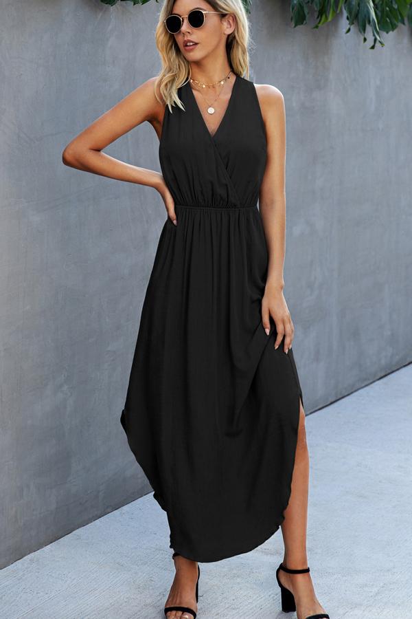 Solid Color V Neck Sleeveless Dress