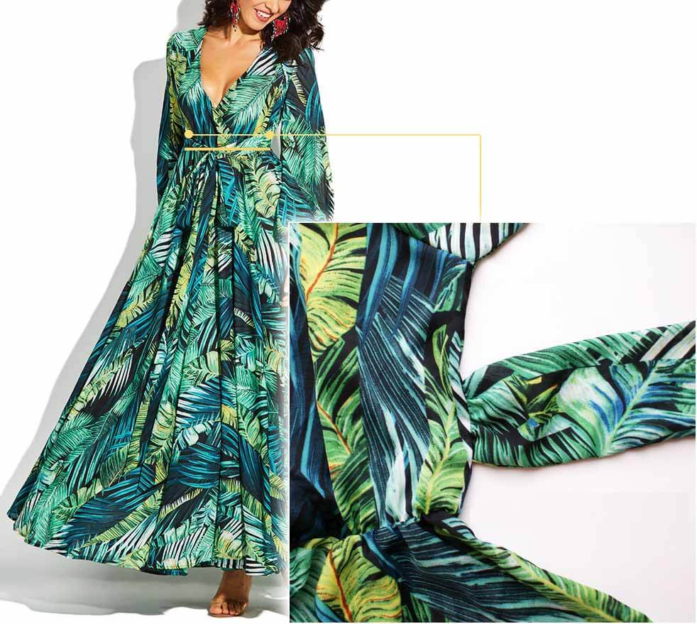 V-Neck Leaf Print Maxi Dress