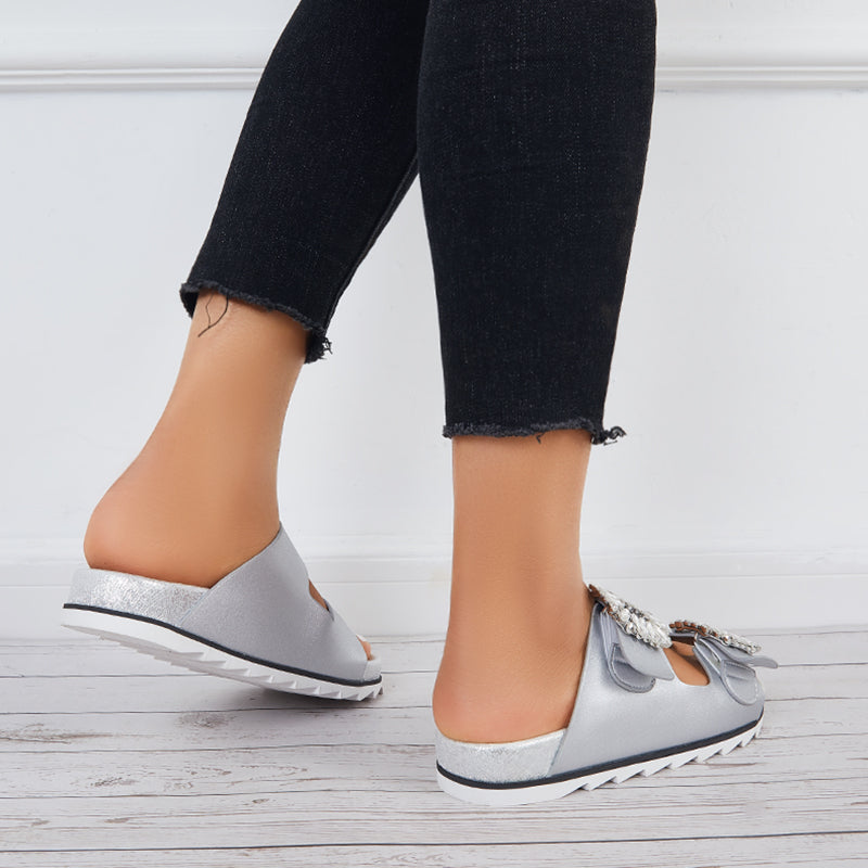 Rhinestone Velcro Platform Slides Slip on Flat Sandals Slippers