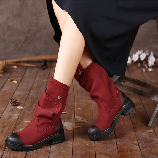 Women'S Retro Leather Boots Button Sleeve Black/Red