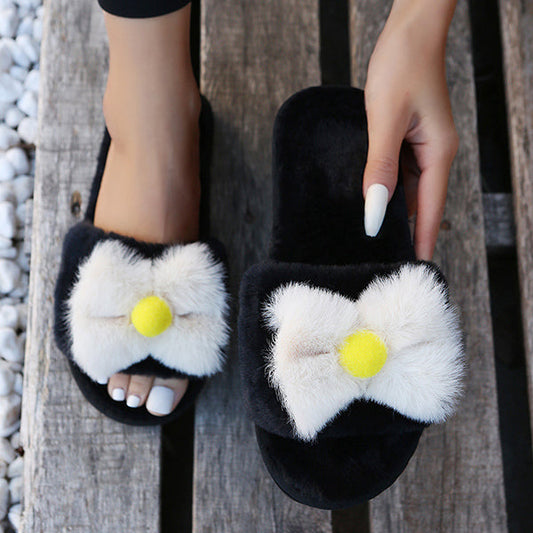 Round Toe Fur Bownot Flat Slippers
