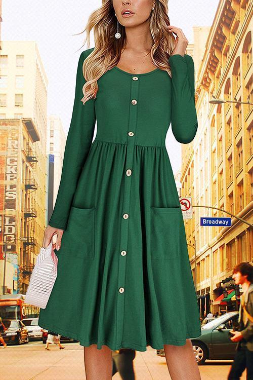 Button Pocket Solid Color Dress