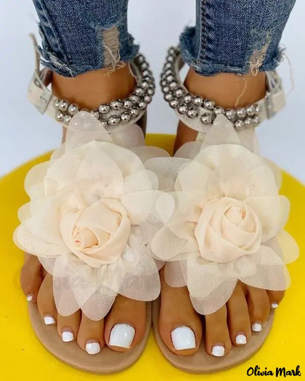 Mesh Flower Embellished Beaded Flat Sandals