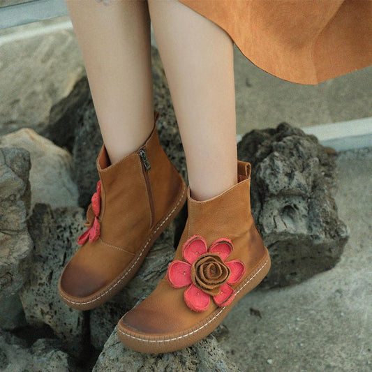 Women'S Genuine Leather Chelsea Boots With Handmade Flowers Gray/Camel